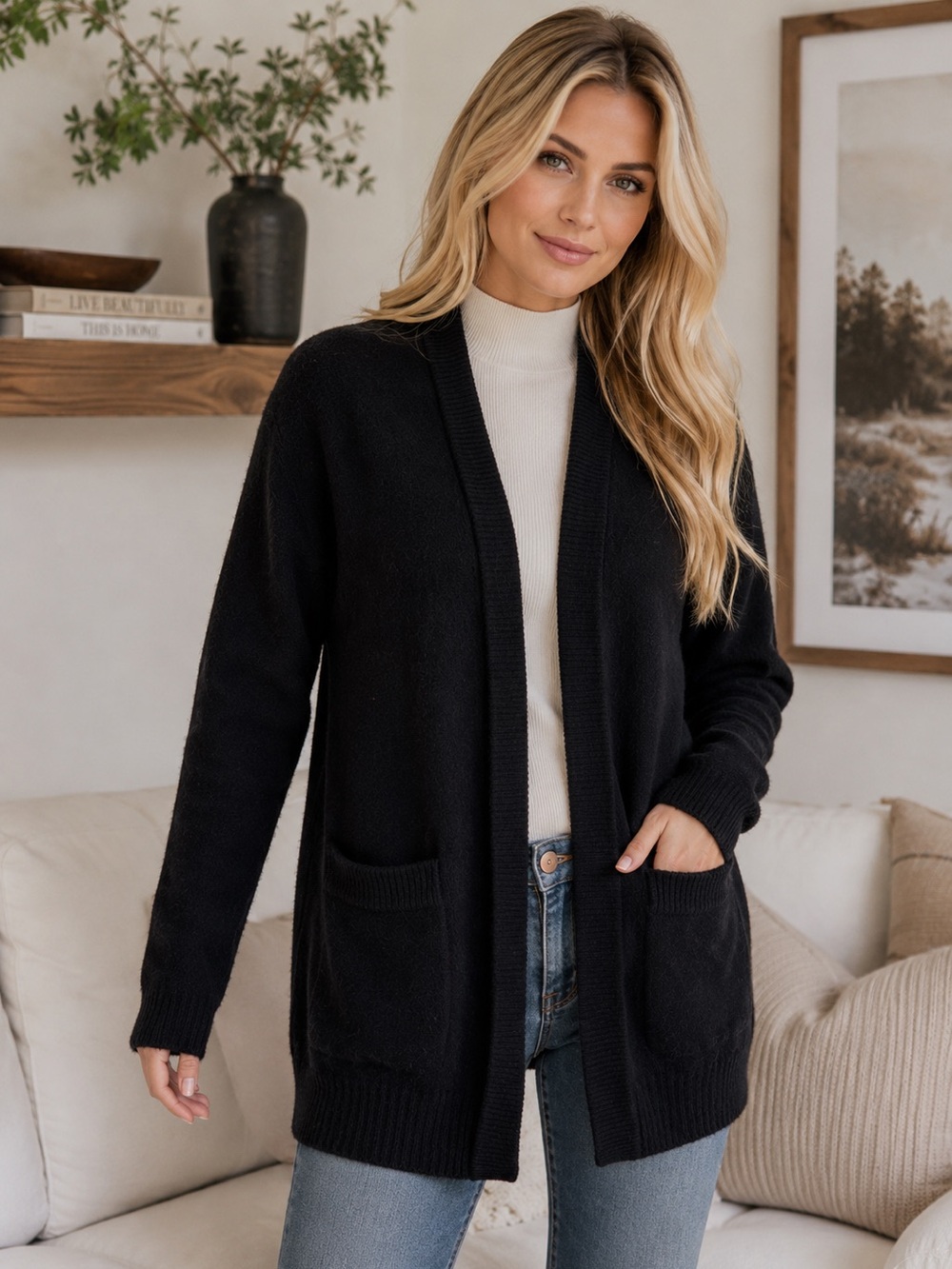Kendra Angora Lambswool Cardigan Size L Black Open Front Wool Blend Quiet Luxury